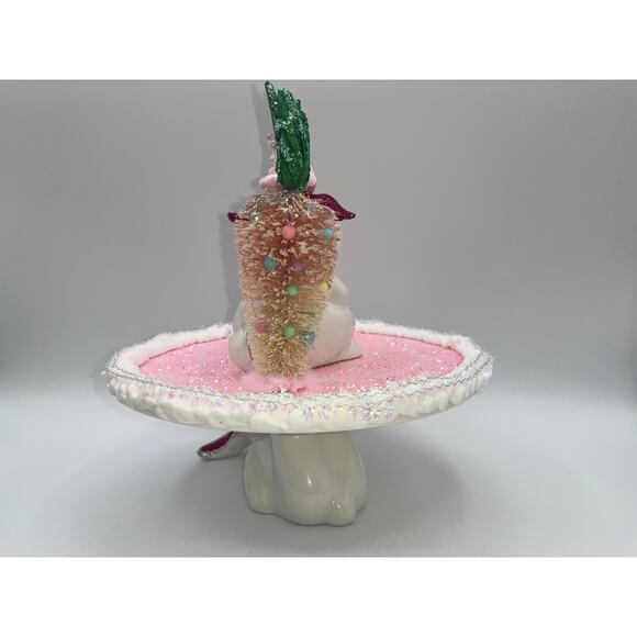 Vintage Ceramic Bunny Sitting on Cake Stand Bottle Brush Carrott Tree Flower Hat - Picture 12 of 16